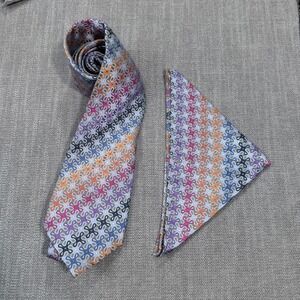 Dona Silk Necktie and Pocket Square Set Orange Purple Blue Geometric Pattern 60"